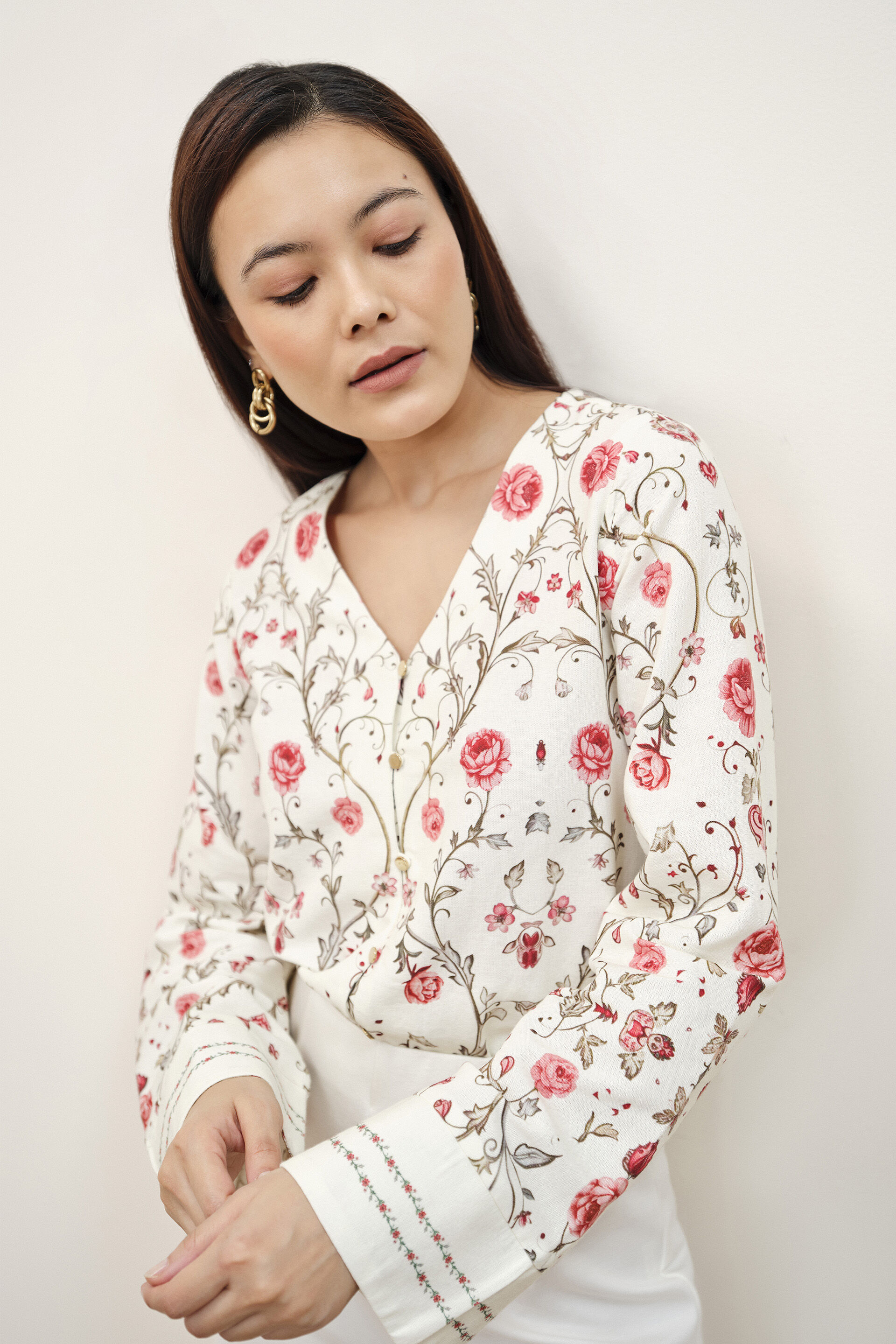 Cream Floral Printed Top, White, image 3